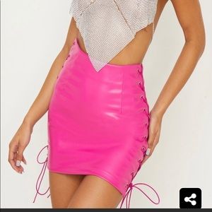 Hot Pink Faux Leather Lace Up Detail Mini Skirt